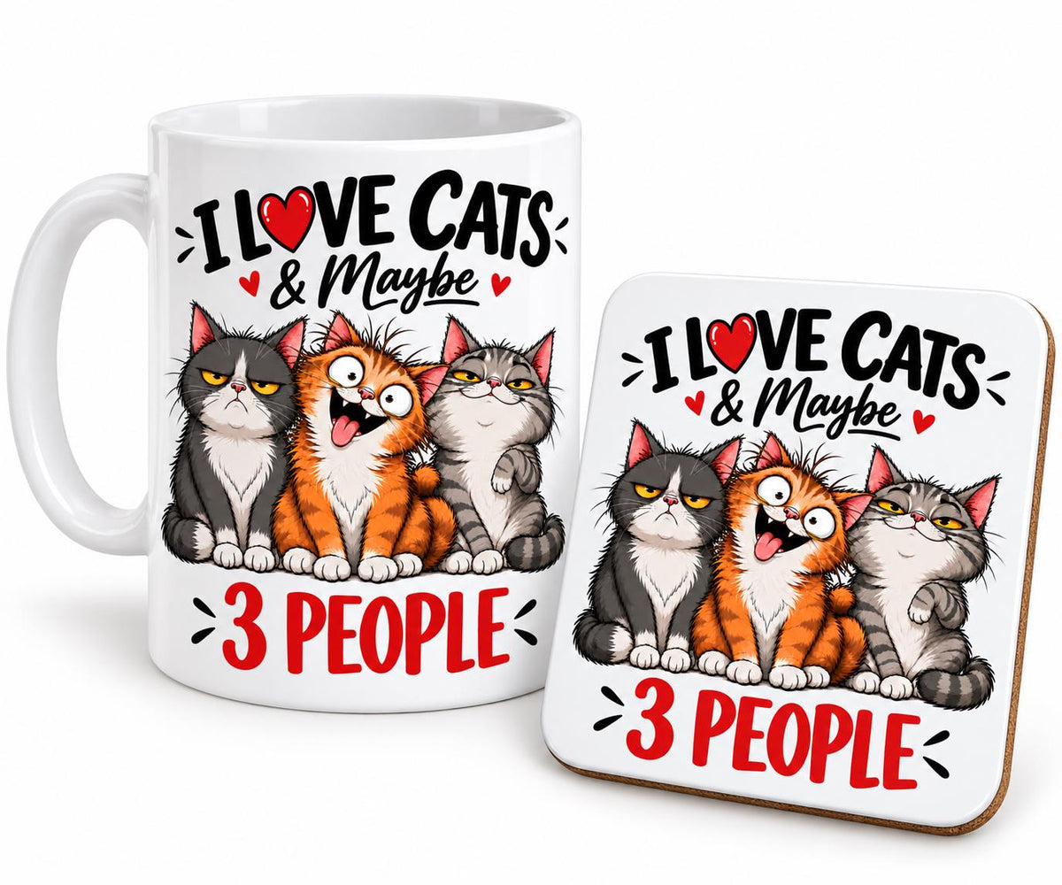 Funny cat mug styled with a mug and coaster gift set, an ideal Secret Santa present for a cat mum.