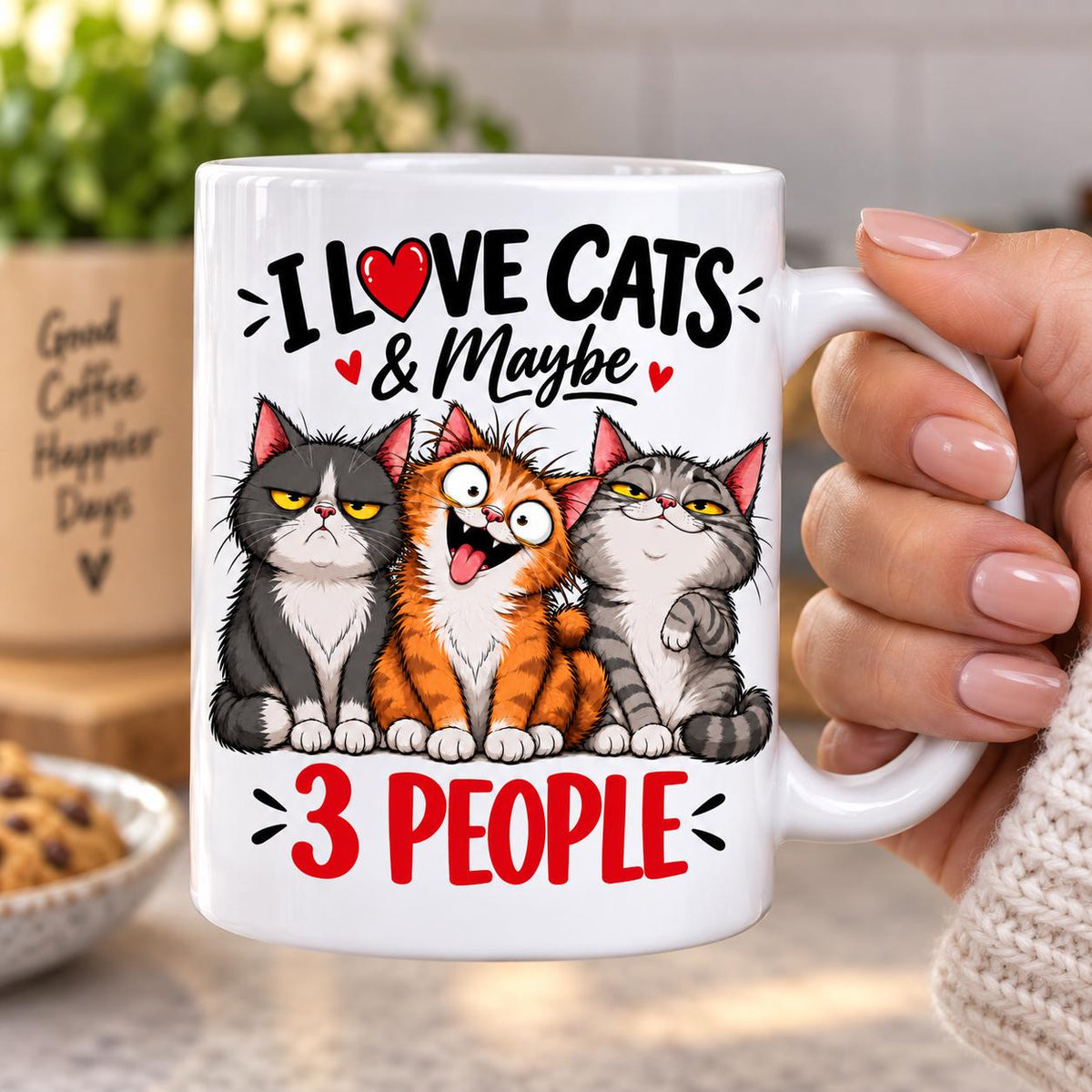 Close-up of the I Love Cats And Maybe 3 People print on the funny cat mug