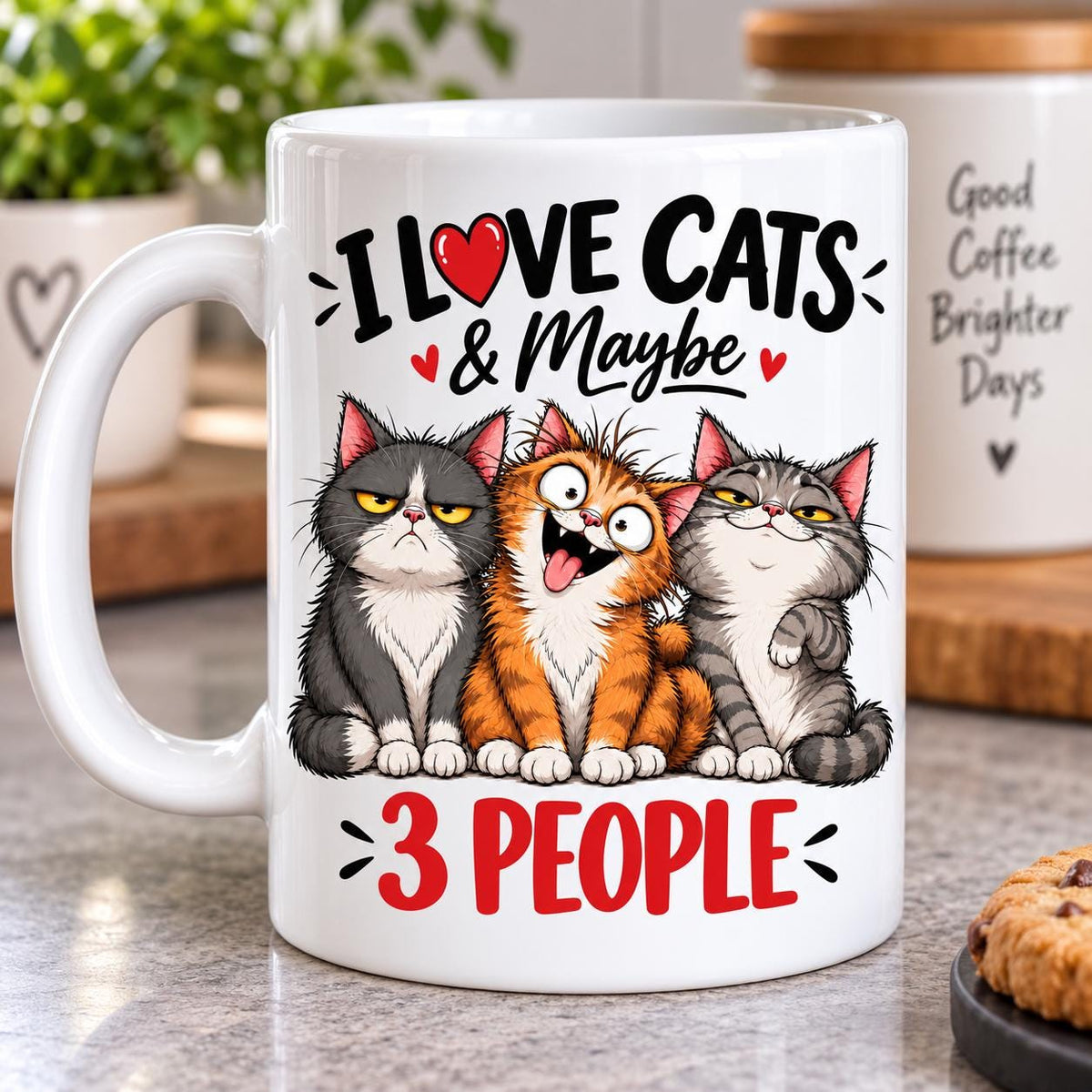 Cheeky cartoon cat design on a white ceramic mug, a funny Christmas stocking filler for cat lovers.