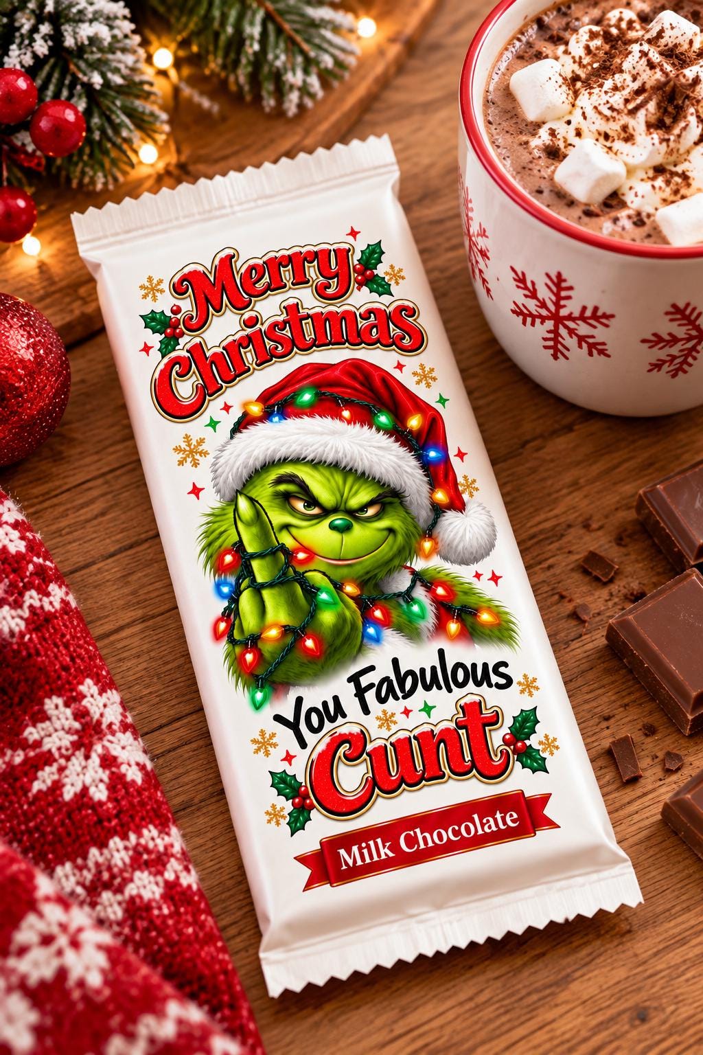 Close-up of a Christmas chocolate bar with “Merry Christmas You Fabulous  Grinch wrapper and festive lights.