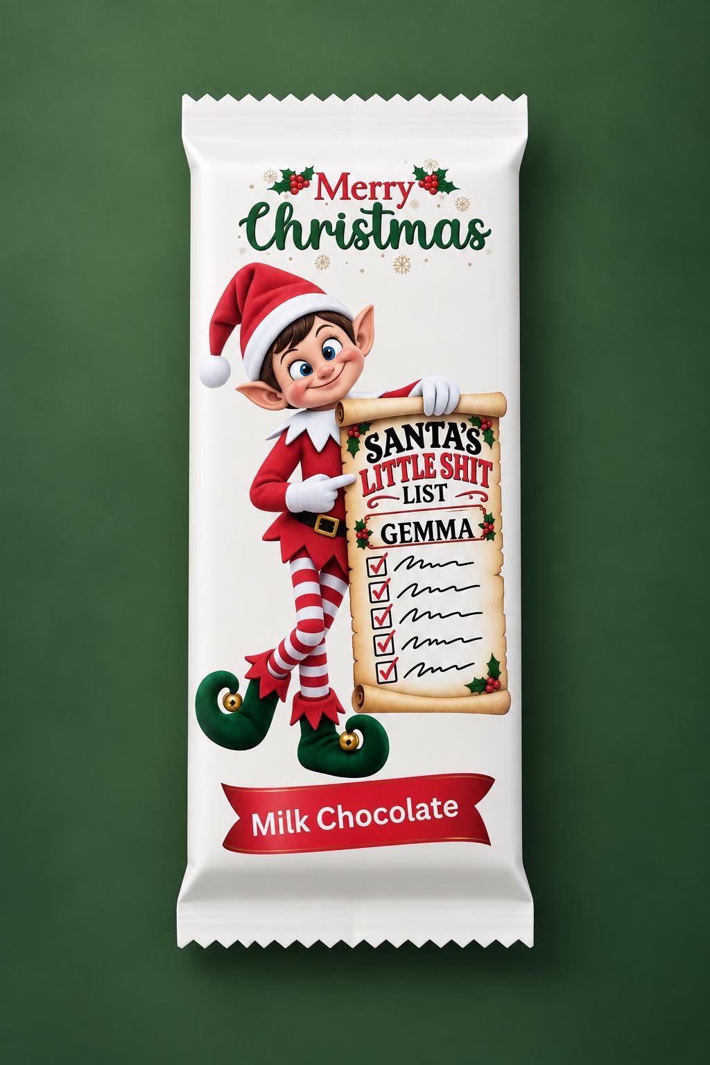 Close-up of the personalised name on the funny elf chocolate bar wrapper, a rude Secret Santa gift.