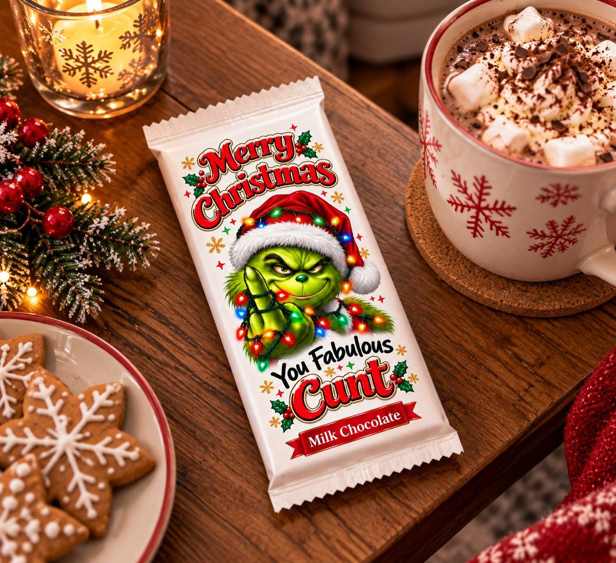 Grinch Christmas chocolate bar on a wooden table beside hot chocolate, snowflake biscuits and a candle