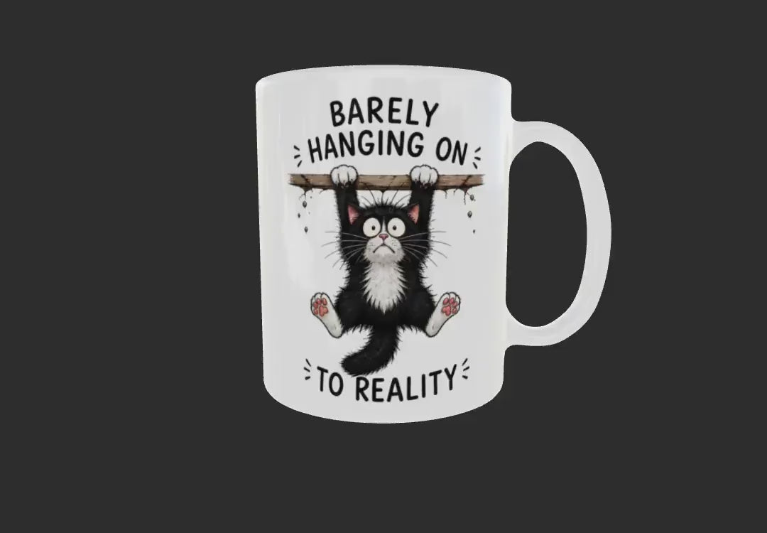 Funny Cat Mug Gift Barely Hanging On To Reality.  Present for Cat Lover Birthday Christmas. Cheeky Office/Work Mug