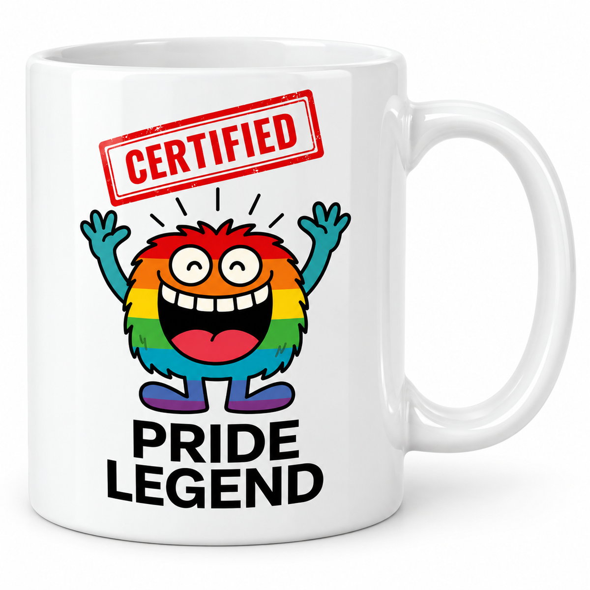 Pride Legend rainbow mug on a clean white background